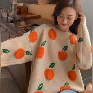 Adorable Cream Sweater‎ with Orange Fruit Design
